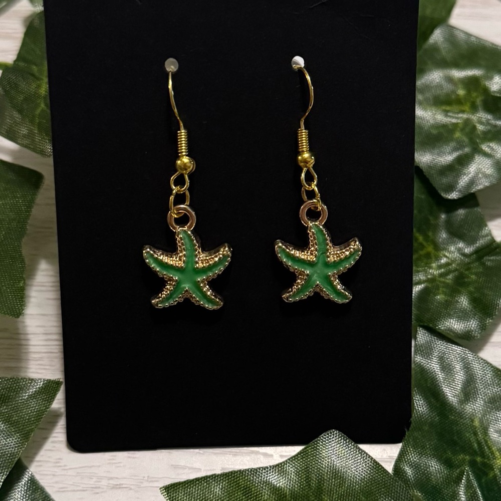 2/15 Handmade Green Starfish Earrings Gold Accents Ocean Beach Jewelry Earrings
